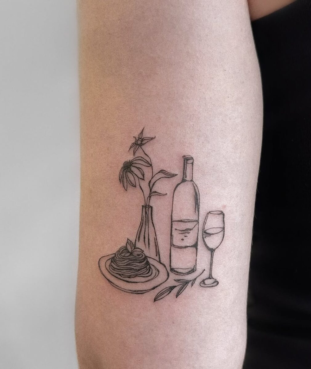 Chic pasta and wine tattoo art Tattoo Design