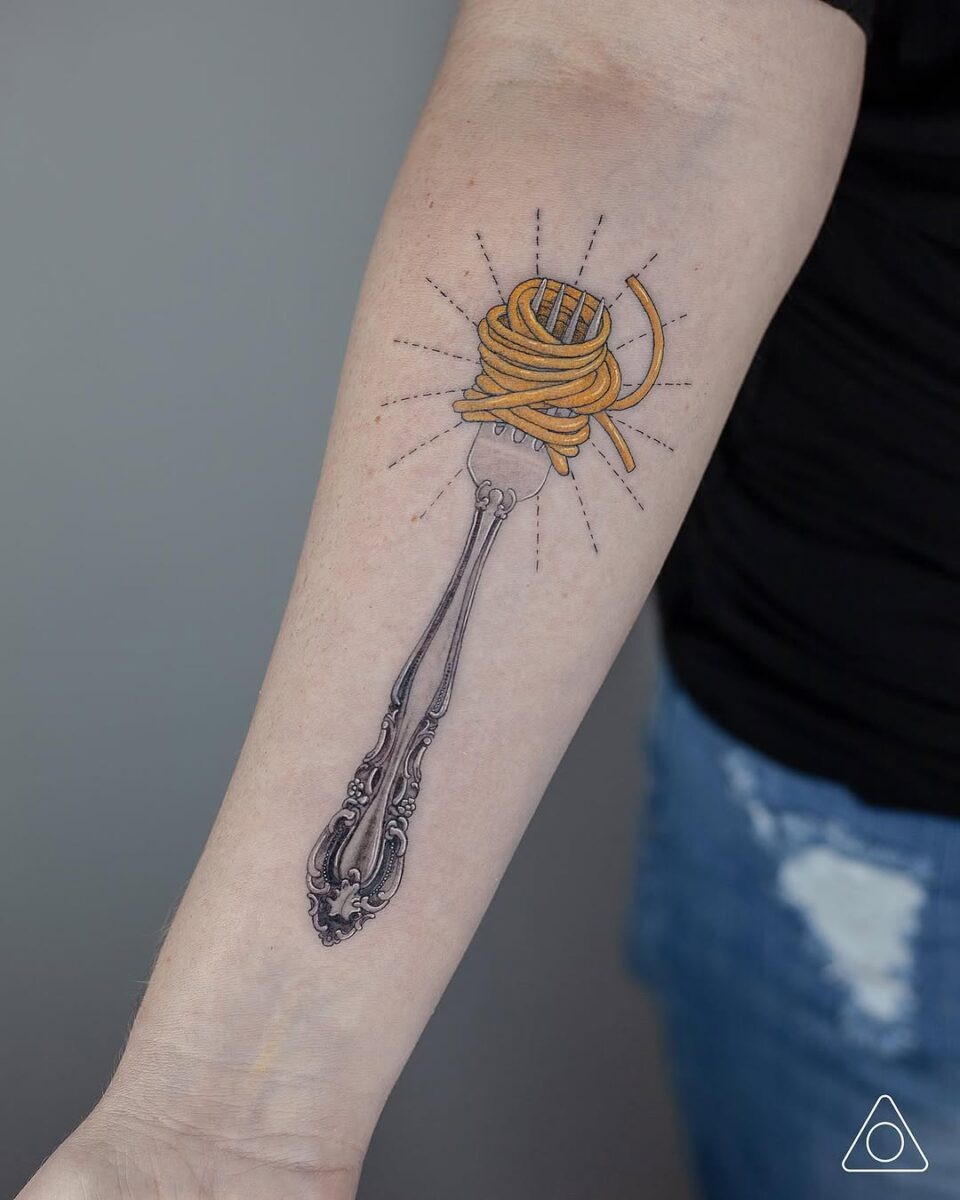 Elegant fork entwined with vibrant spaghetti tattoo Tattoo Design