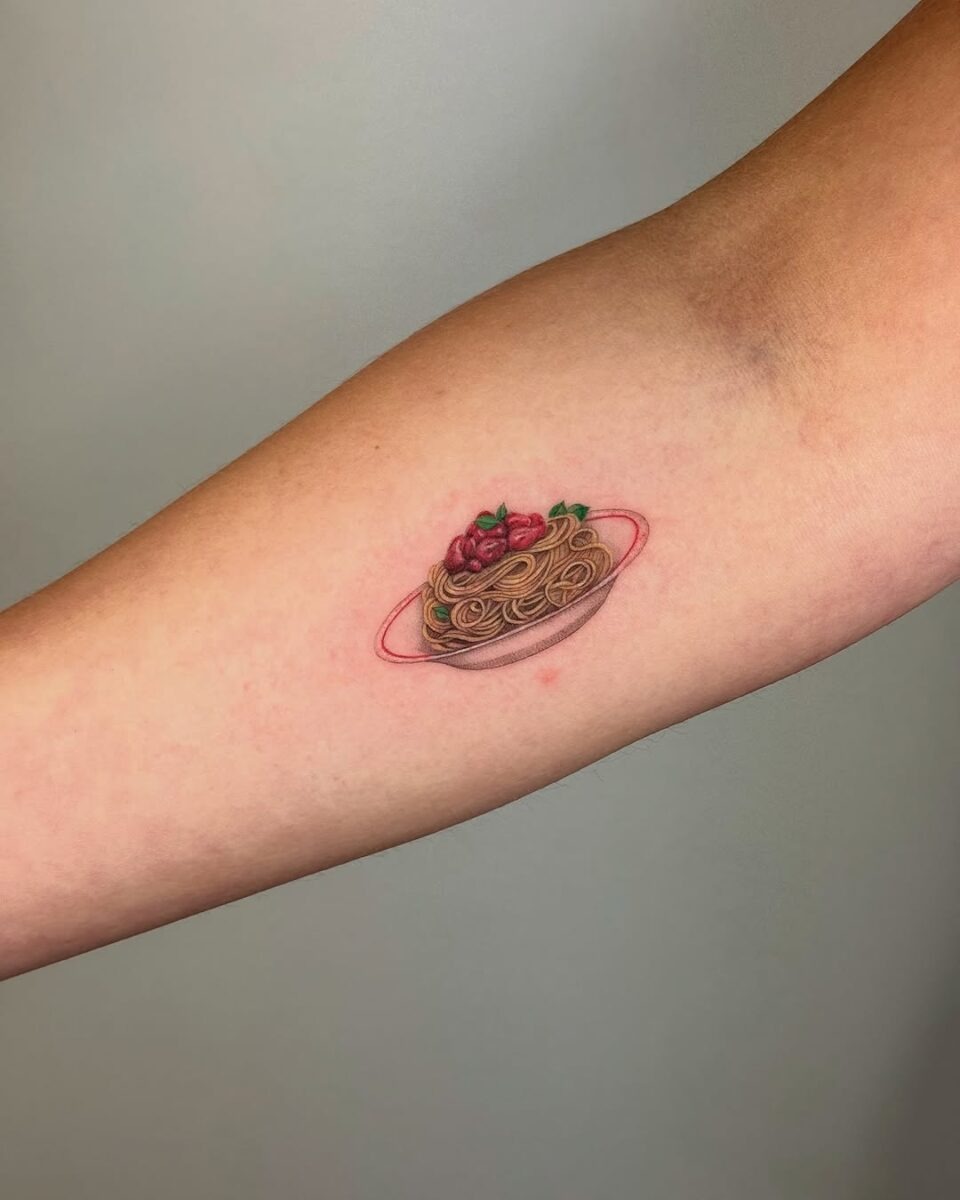 Whimsical pasta tattoo celebrating culinary passion Tattoo Design