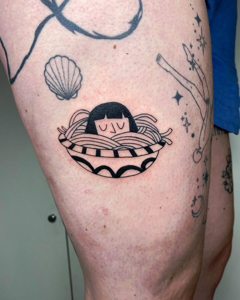 Whimsical pasta tattoo featuring a playful character Tattoo Design