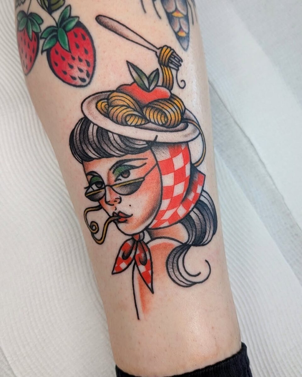 Whimsical pasta-themed tattoo art on a woman Tattoo Design
