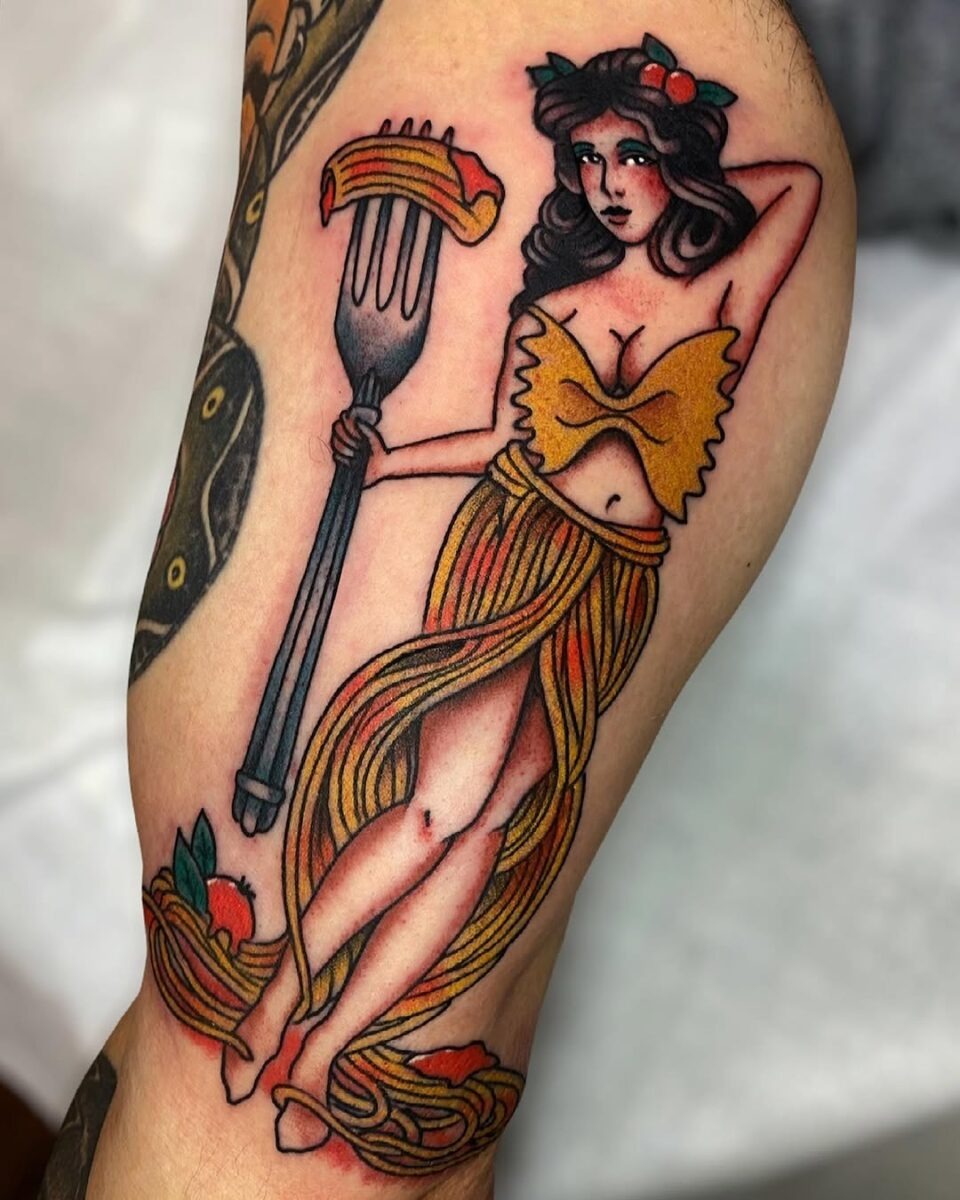 Whimsical Pasta-Themed Tattoo Design with a Fork Tattoo Design
