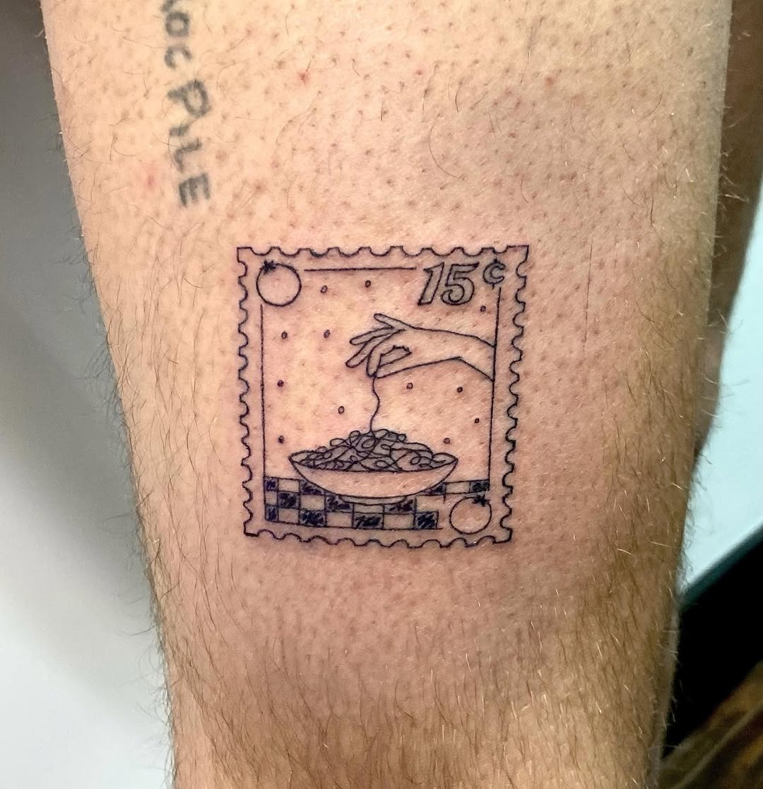 Whimsical pasta-themed tattoo in stamp design Tattoo Design