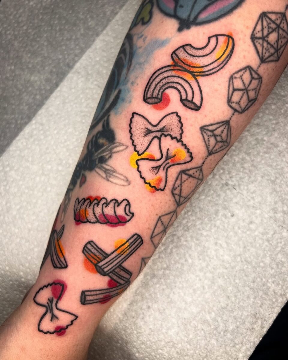 Whimsical Rainbow Pasta Tattoos on Display Tattoo Design