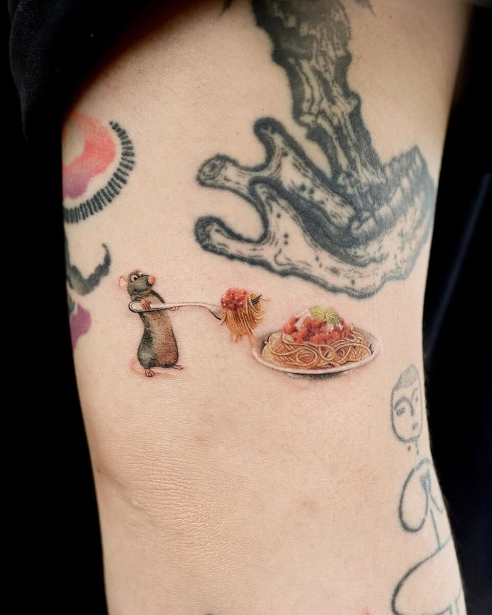 Whimsical rat tattoo with spaghetti scene Tattoo Design