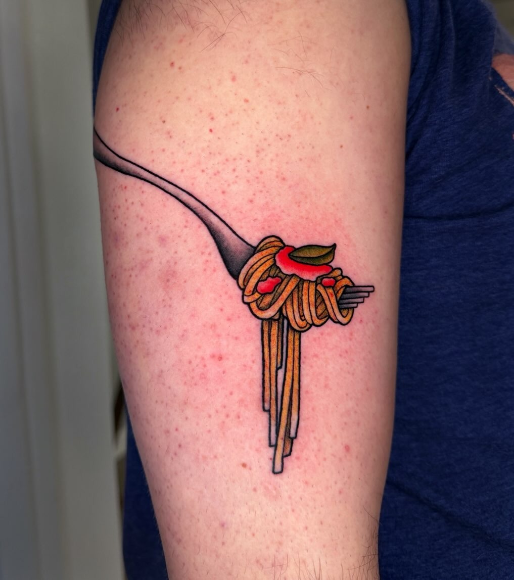Whimsical spaghetti on a fork tattoo design Tattoo Design