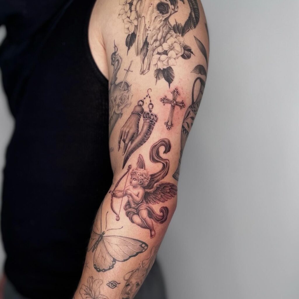 Baroque-Inspired Patchwork Tattoo Sleeve Tattoo Design