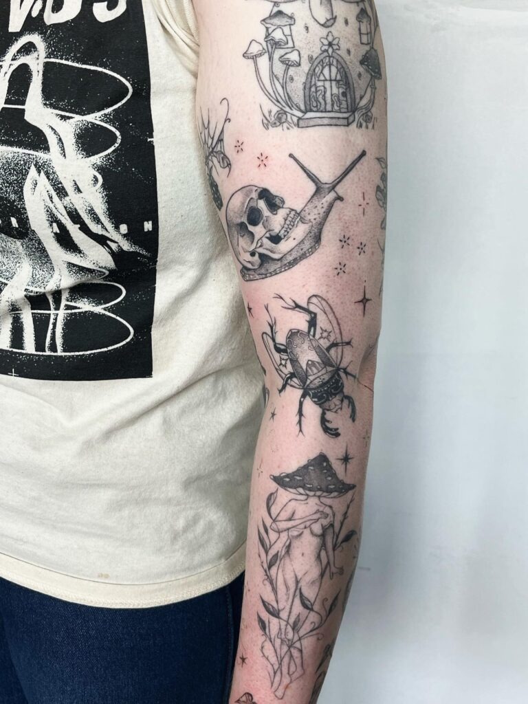 Dark Botanical Story Patchwork Sleeve Tattoo Design