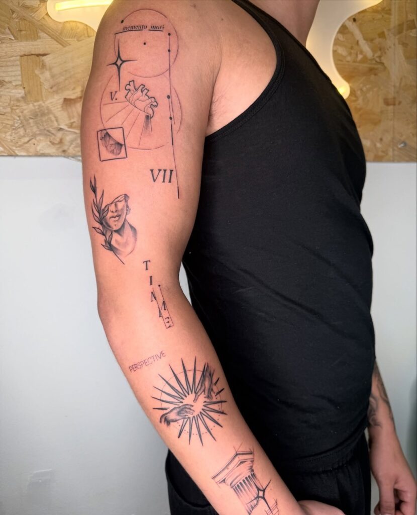 Empowering Fine-Line Patchwork Tattoo Sleeve Tattoo Design