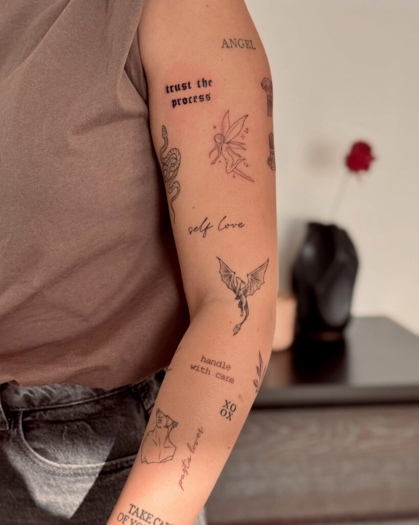 Minimalist Patchwork Tattoo with Symbolic Flair Tattoo Design