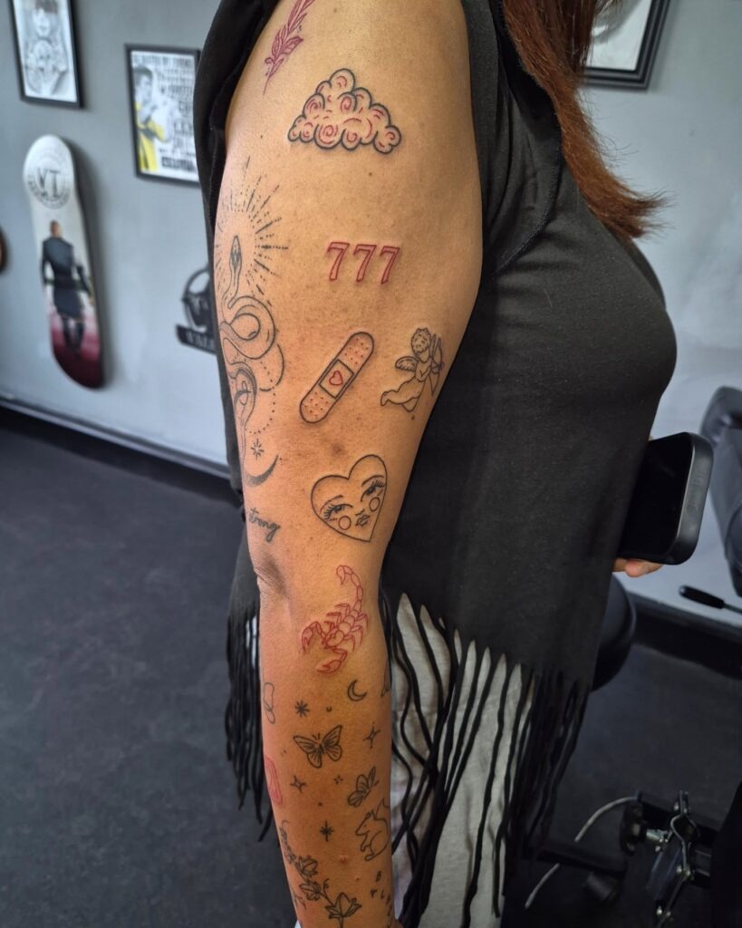 Playful Red and Black Patchwork Tattoo Sleeve Tattoo Design