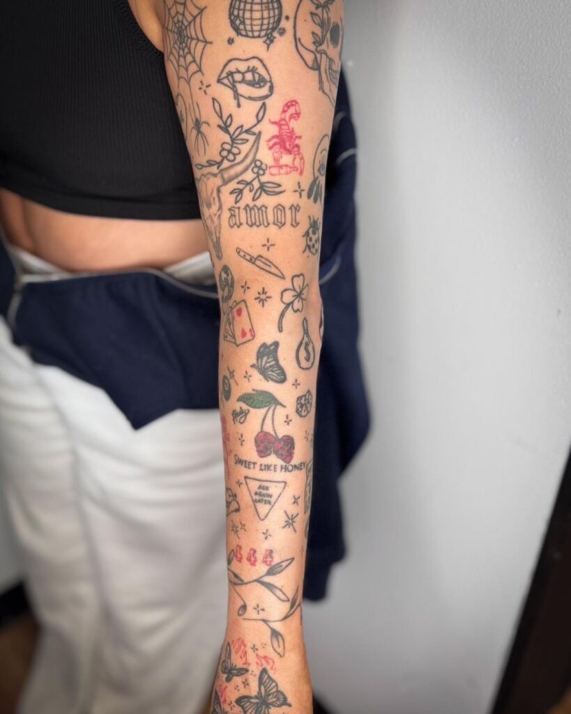 Playful Symbolic Patchwork Tattoo Sleeve Tattoo Design