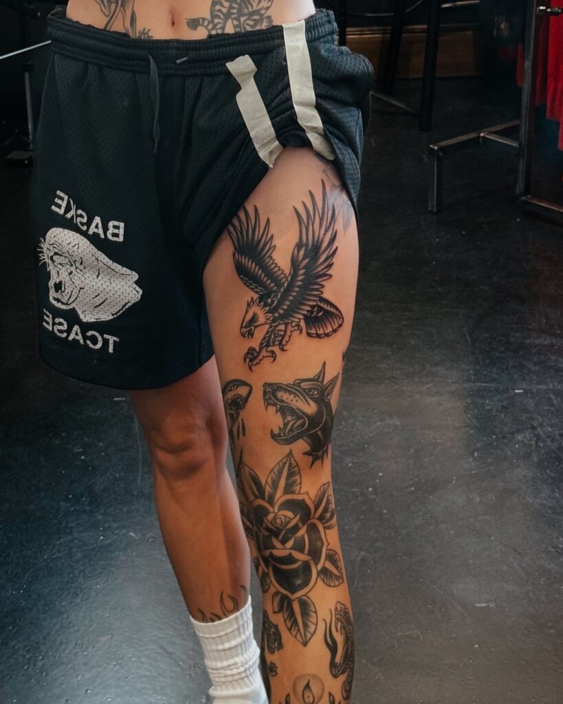 Quirky Chaos Patchwork Thigh Tattoo Tattoo Design