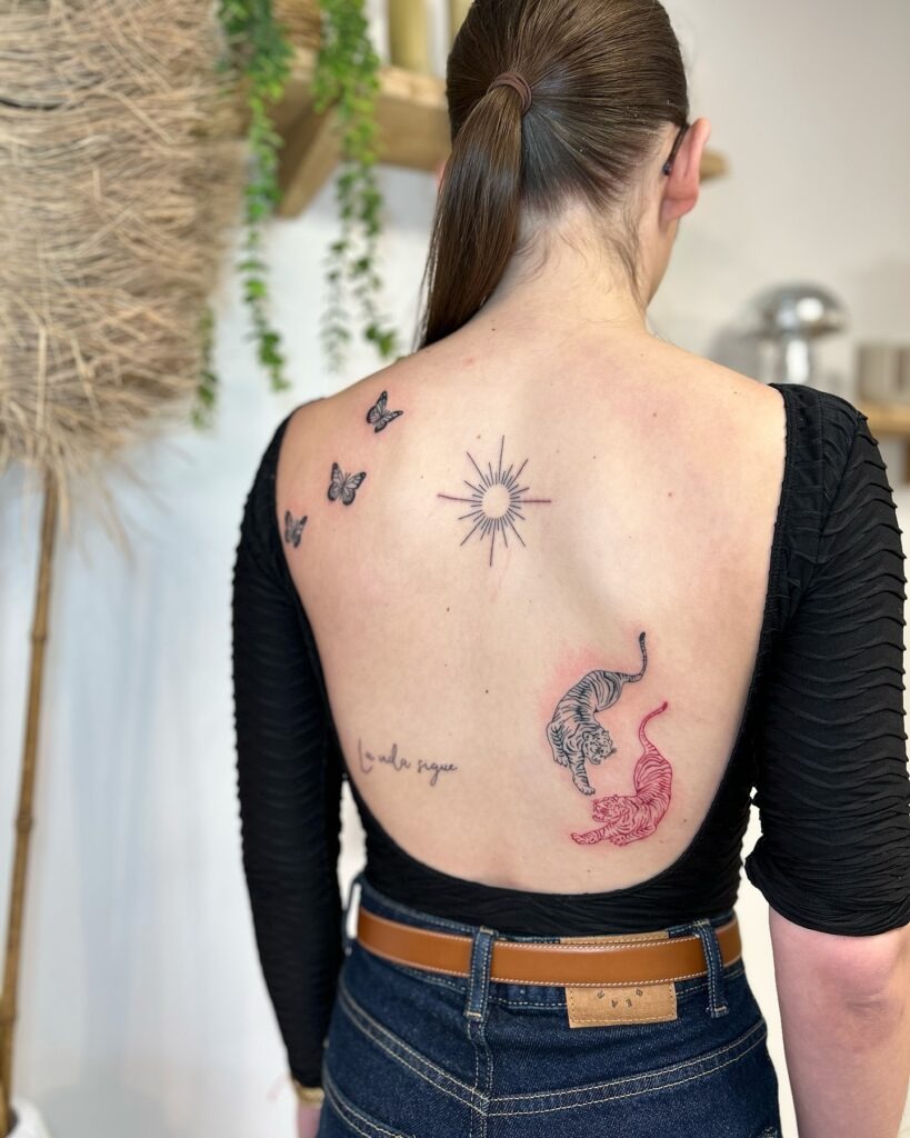 Sacred Heart and Tiger Patchwork Stomach Tattoo Tattoo Design