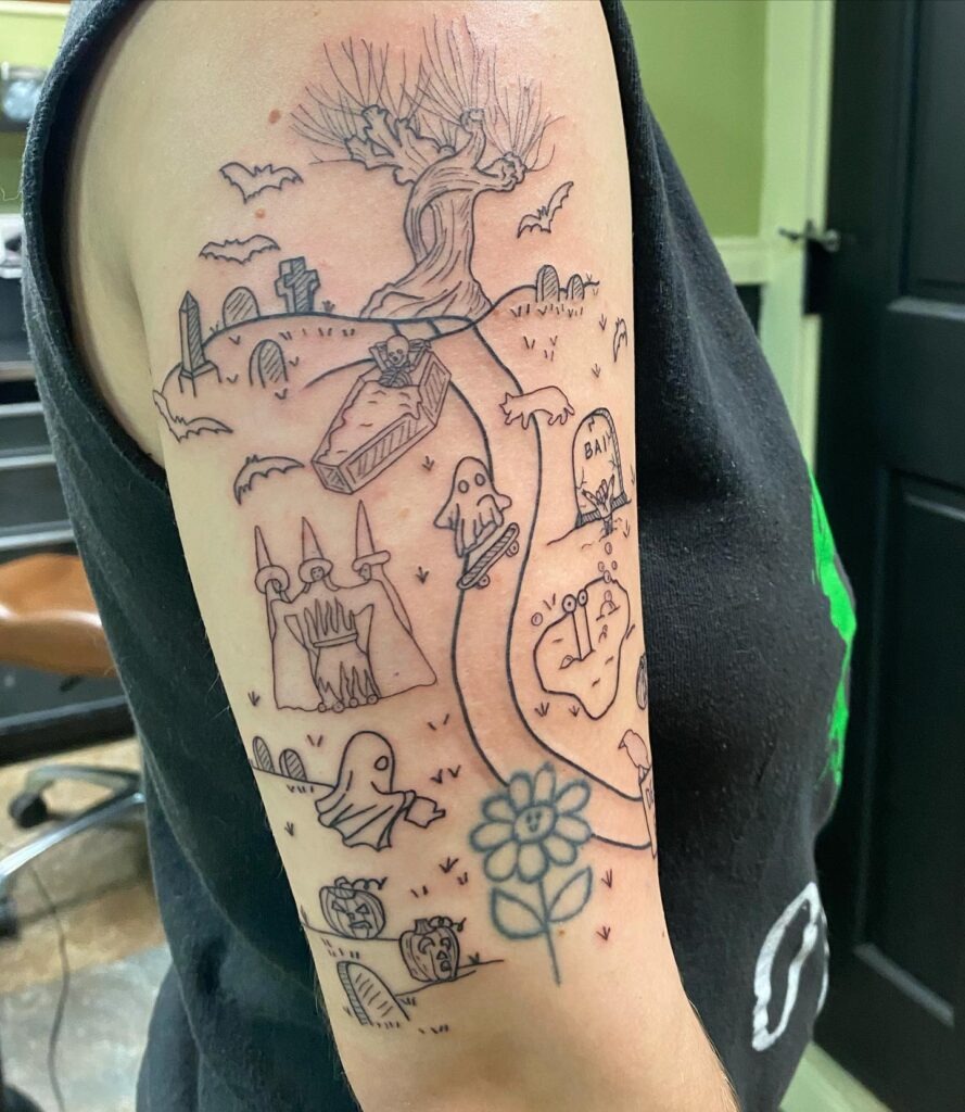 Thought-Provoking Patchwork Tattoo Sleeve Tattoo Design
