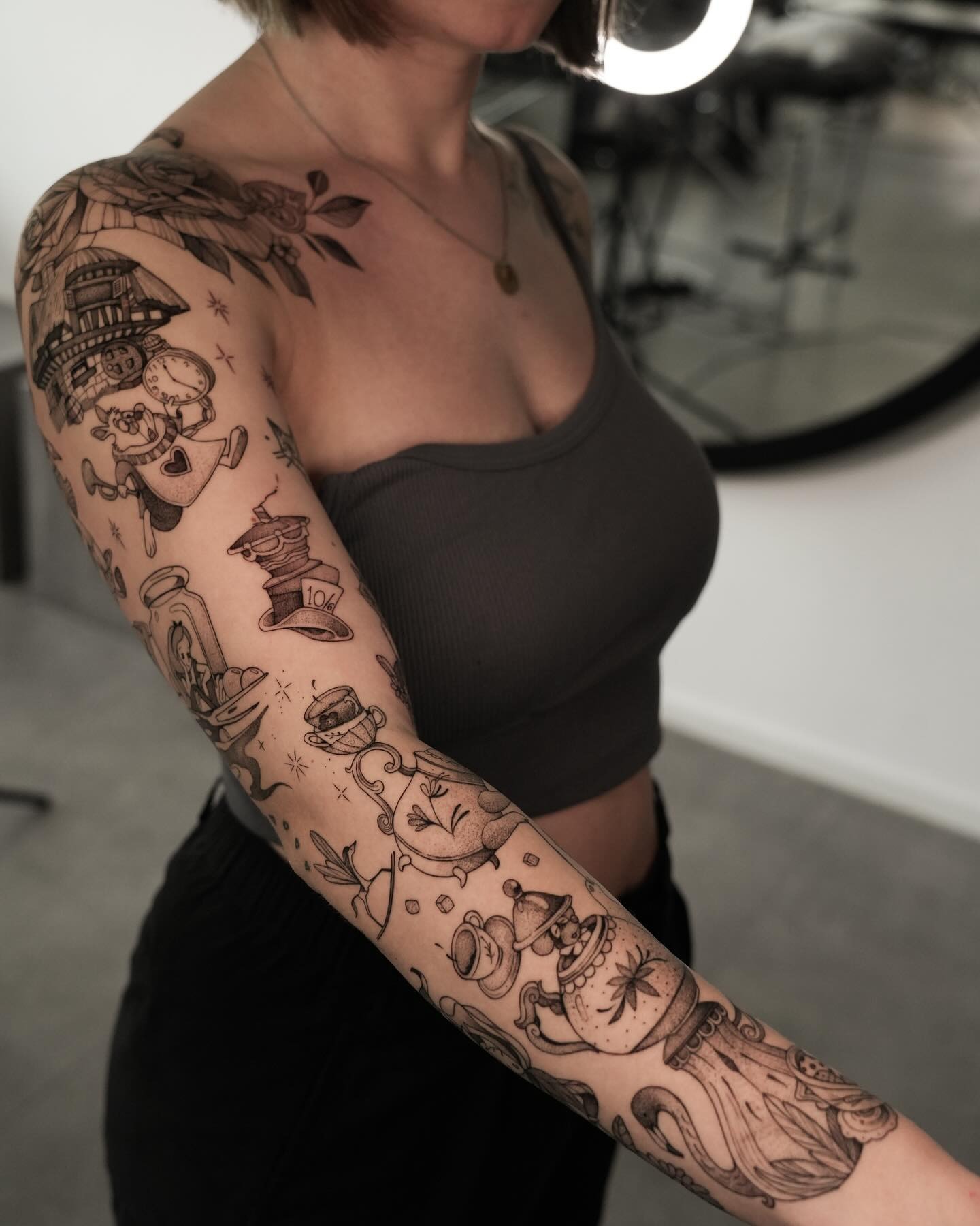 Whimsical Wonderland Patchwork Tattoo Sleeve Tattoo Design