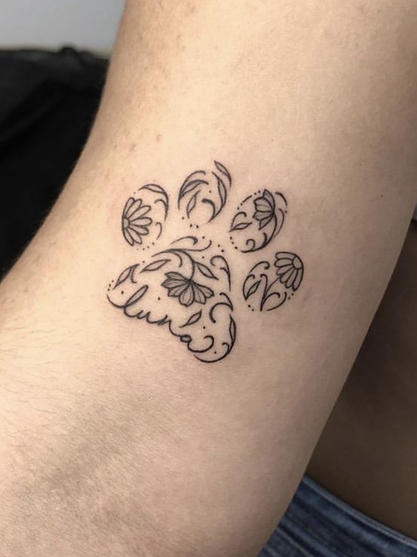 Fine Line Floral Paw Outline Tattoo Design