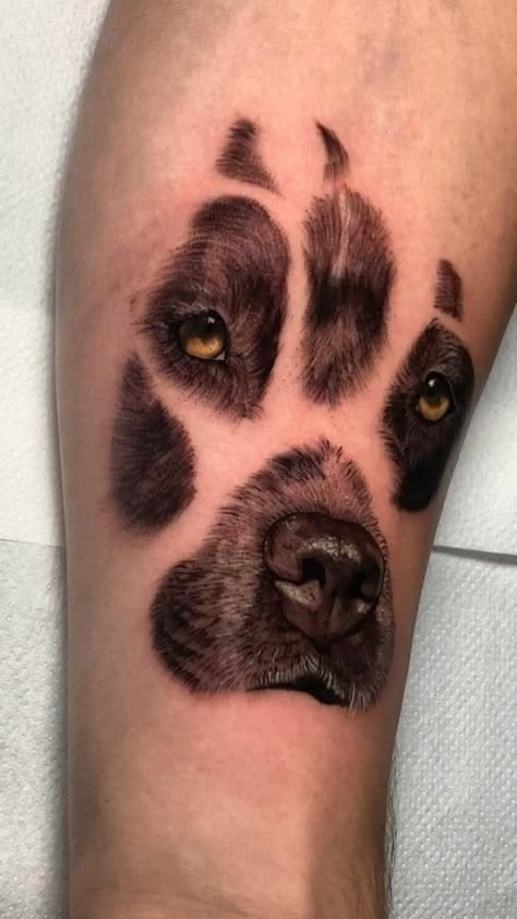 Golden-Eyed Dog Paw Portrait Tattoo Design
