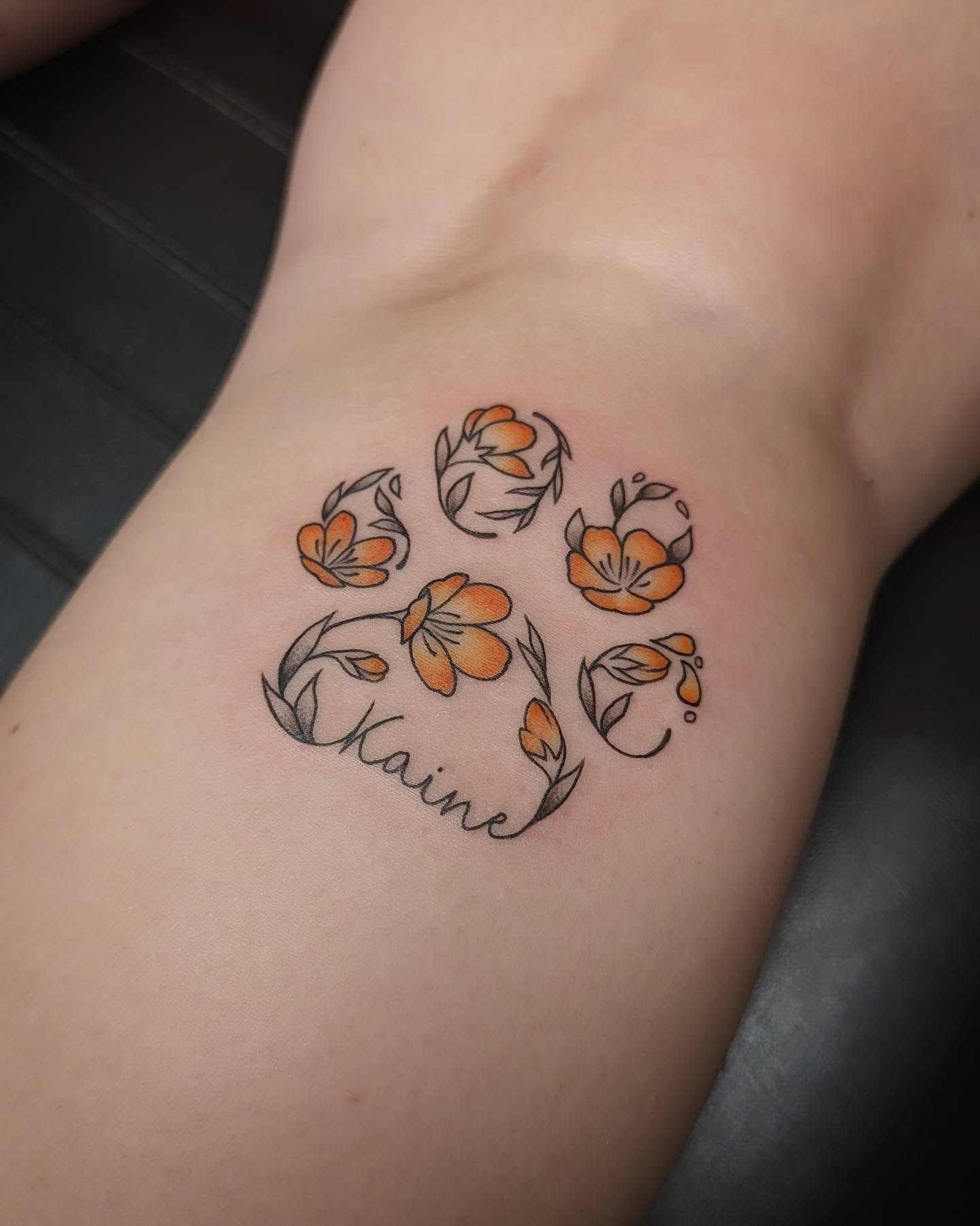 Floral Pawprint Name Tattoo Tattoo Design