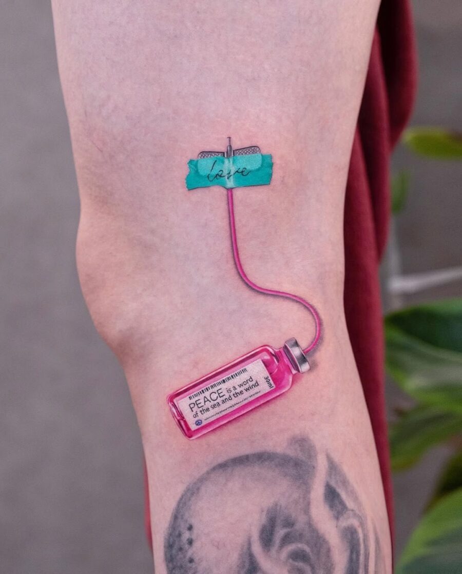 A unique peace-themed syringe tattoo design Tattoo Design