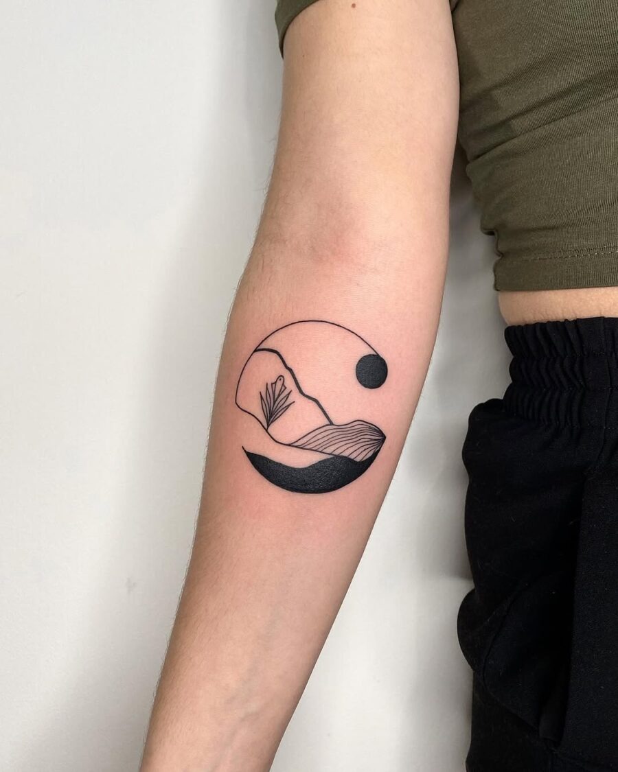 Serene mountain landscape with minimalist sun design Tattoo Design