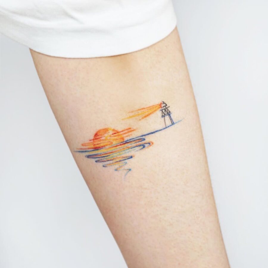 Serene sunset with lighthouse tattoo inspiration Tattoo Design