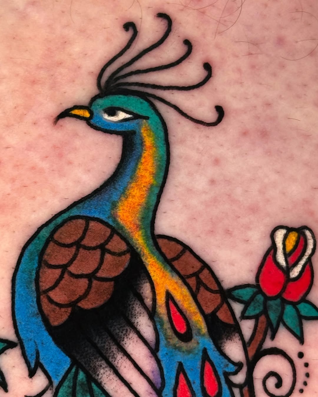 Colorful peacock tattoo with floral elements Tattoo Design