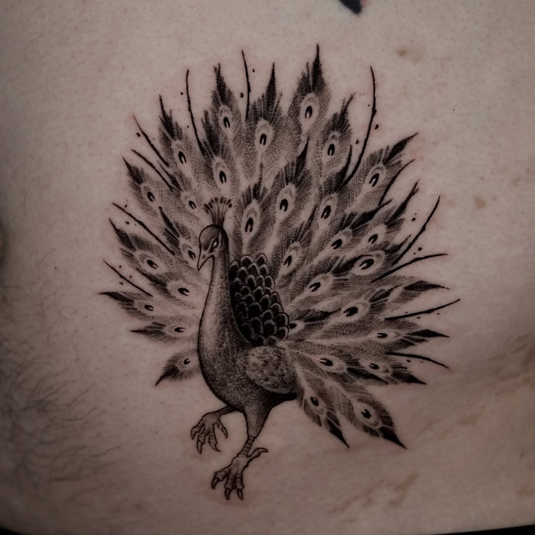 Majestic peacock tattoo with intricate feather details Tattoo Design
