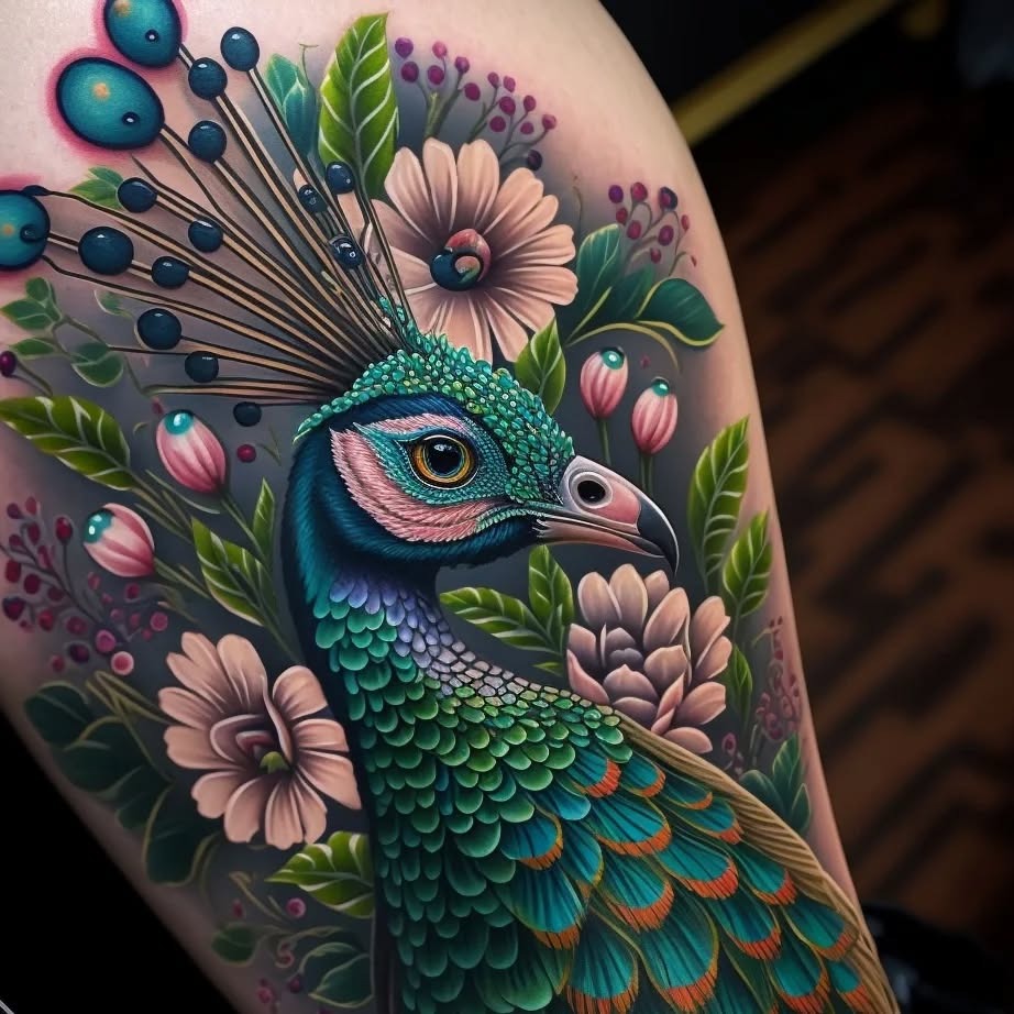 Stunning peacock tattoo with floral elements Tattoo Design
