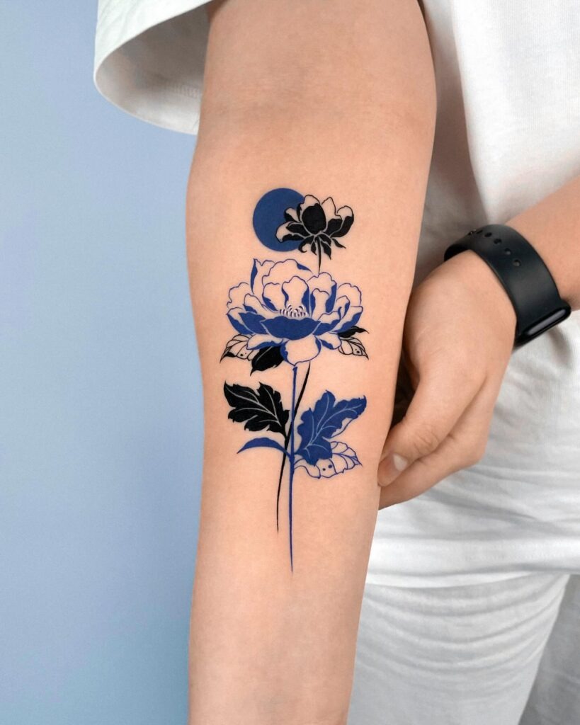 Black and Gray Peony Tattoo with Minimalist Detailing Tattoo Design