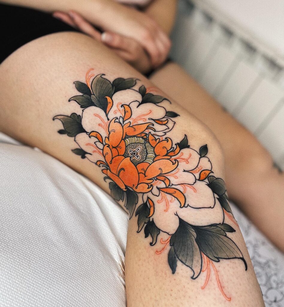 Black and Red Peony Hand Tattoo with Bold Outlines Tattoo Design