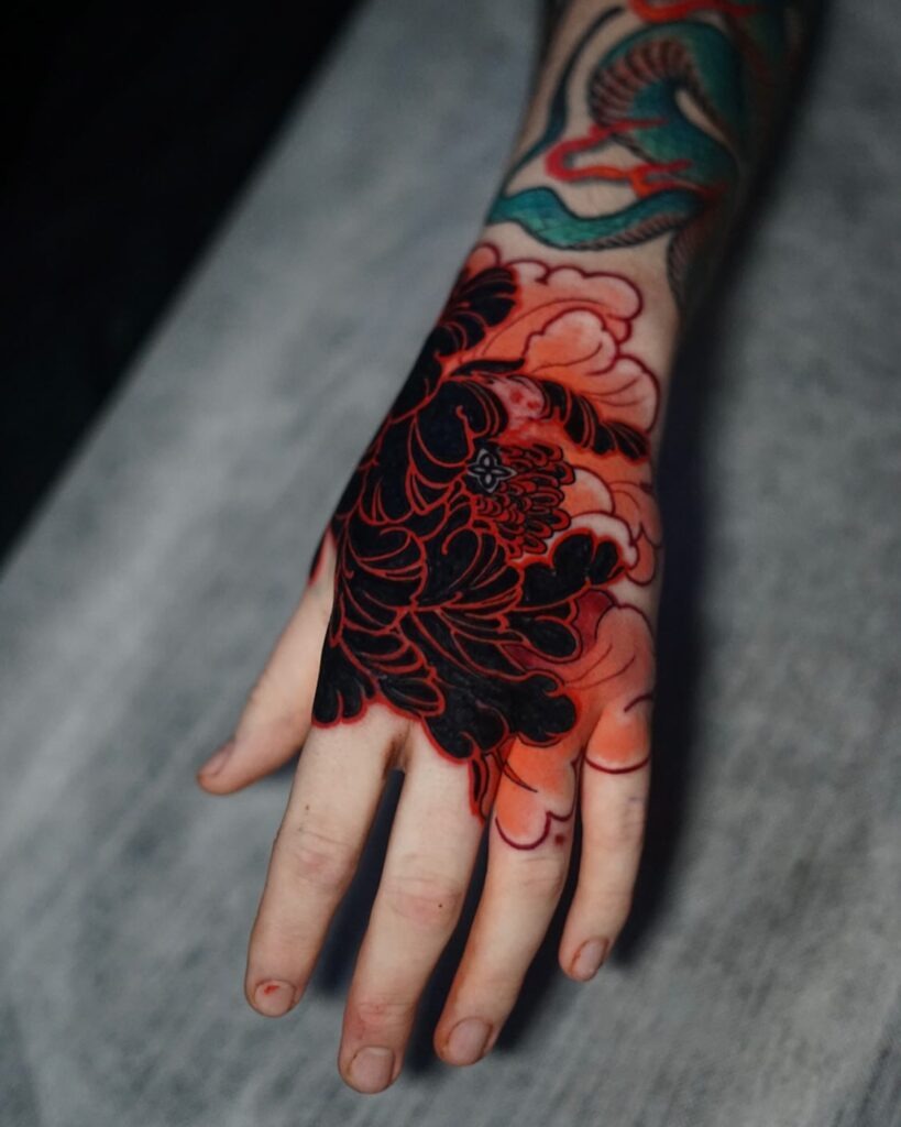 Black Peonies and Pink Snake Tattoo Tattoo Design