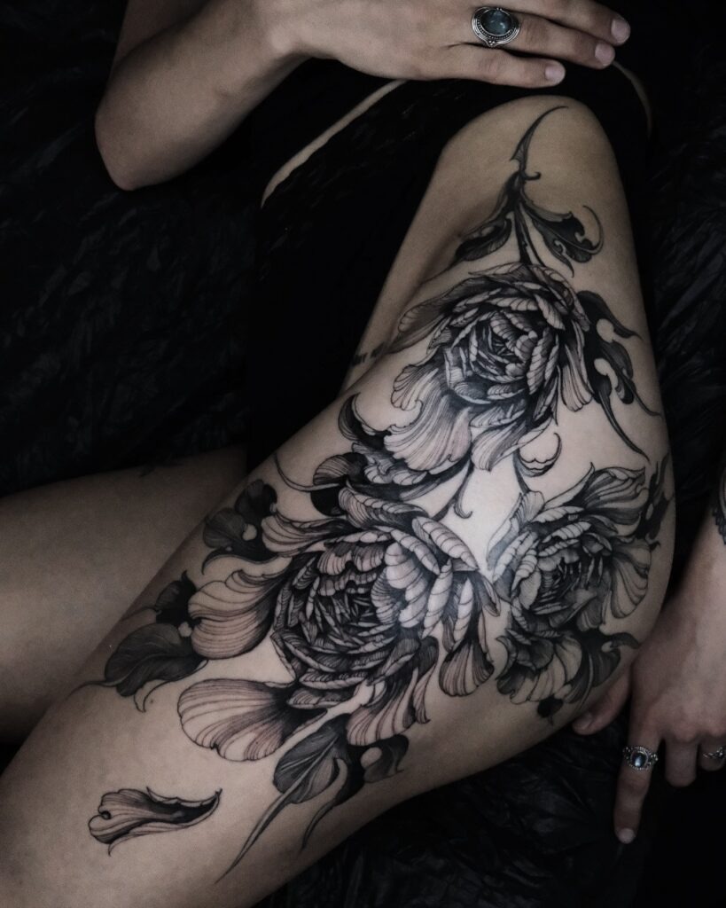 Blackout Peony Tattoo with Crescent Moon and Leaves Tattoo Design