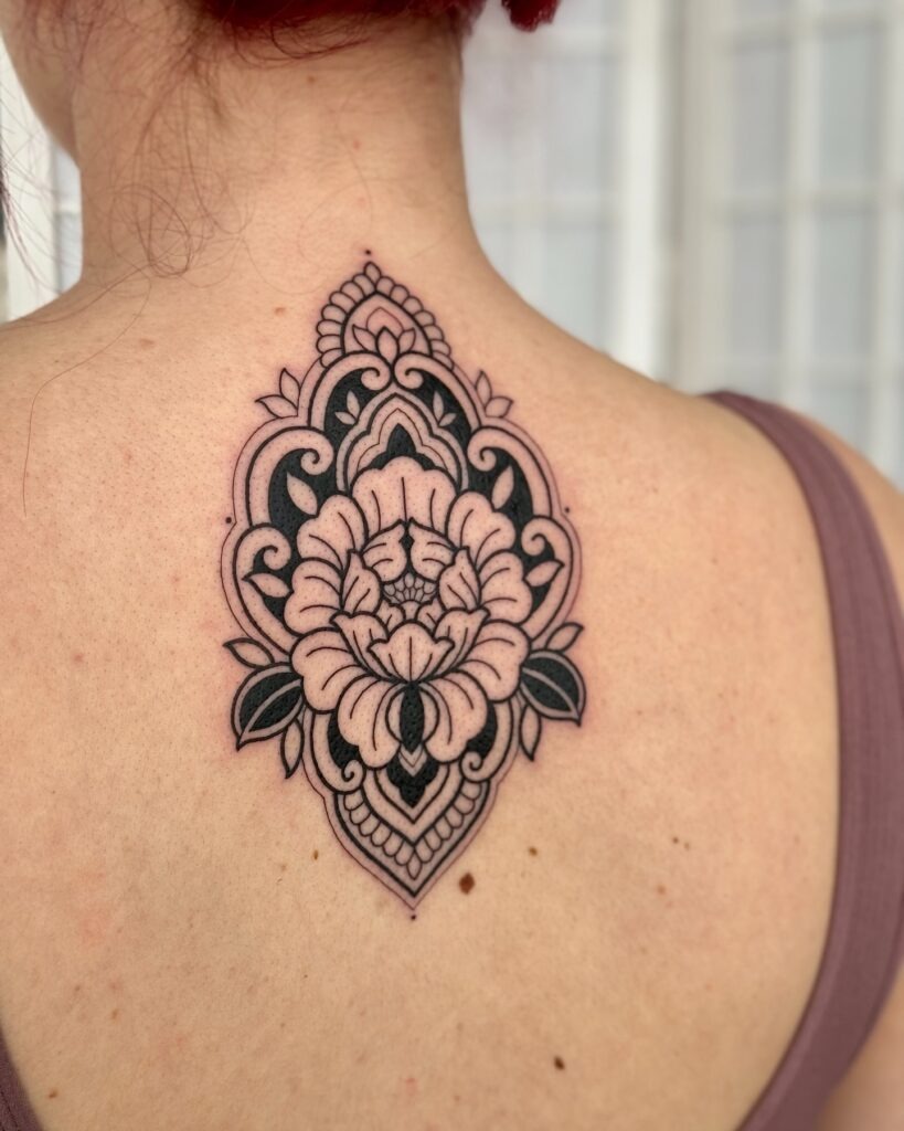 Blue Peony Tattoo with Minimalist Moon Accent Tattoo Design