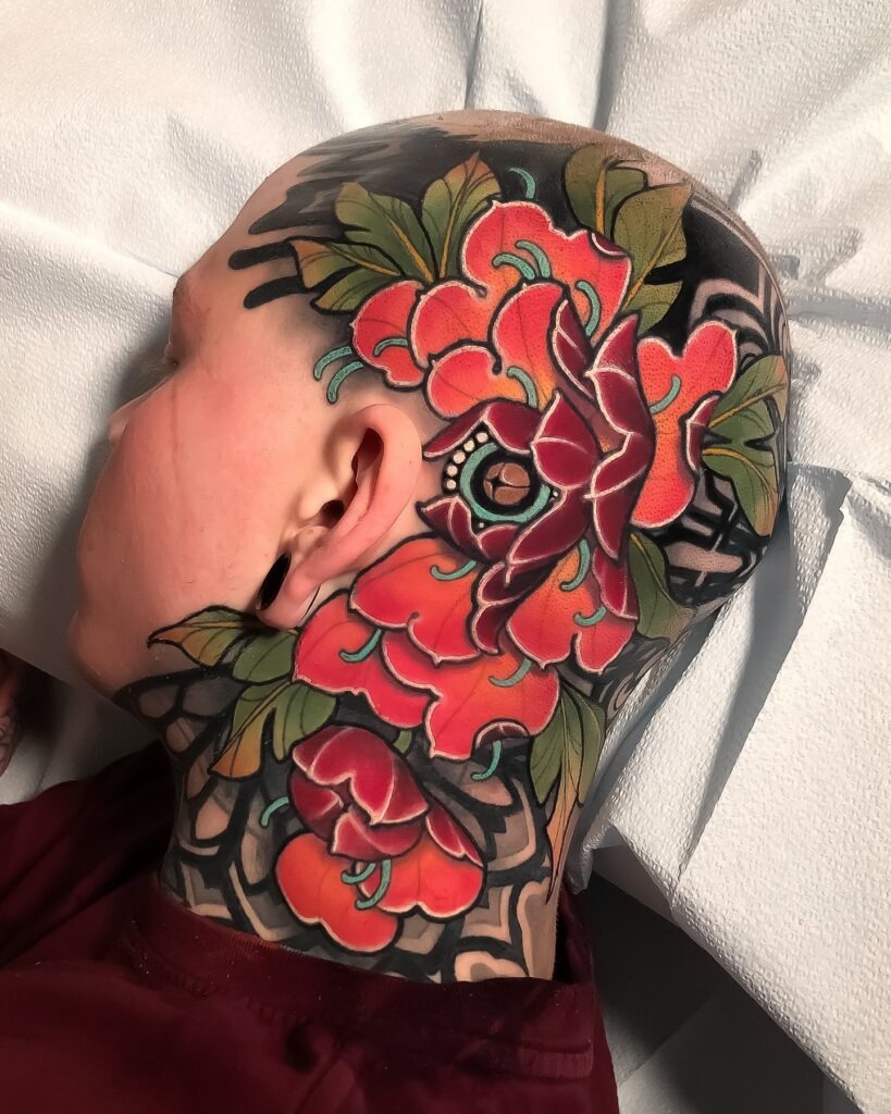 Bold Black and Red Peony Tattoo with Intricate Shading Tattoo Design