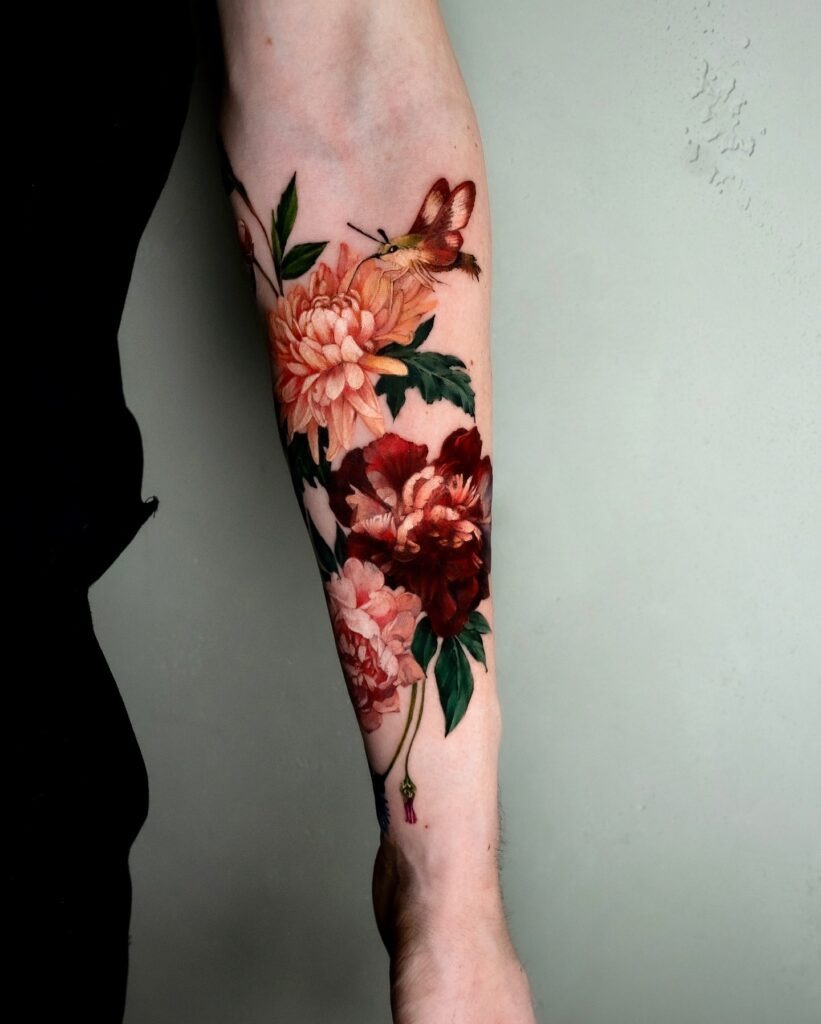Bold Blue Peony Tattoo with Geometric Accents Tattoo Design