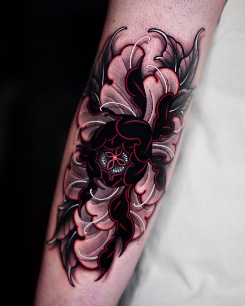 Bold Red Peony Shoulder Tattoo with Green Leaves Tattoo Design