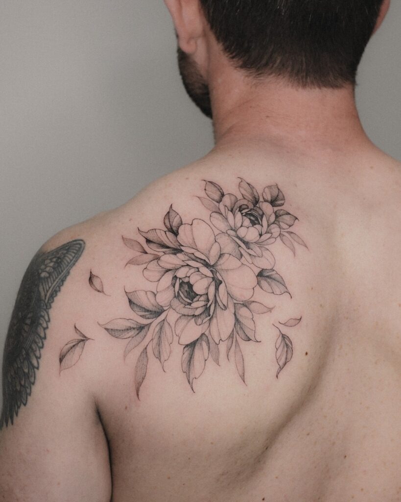 Delicate Shoulder Peony and Blossom Arrangement Tattoo Design