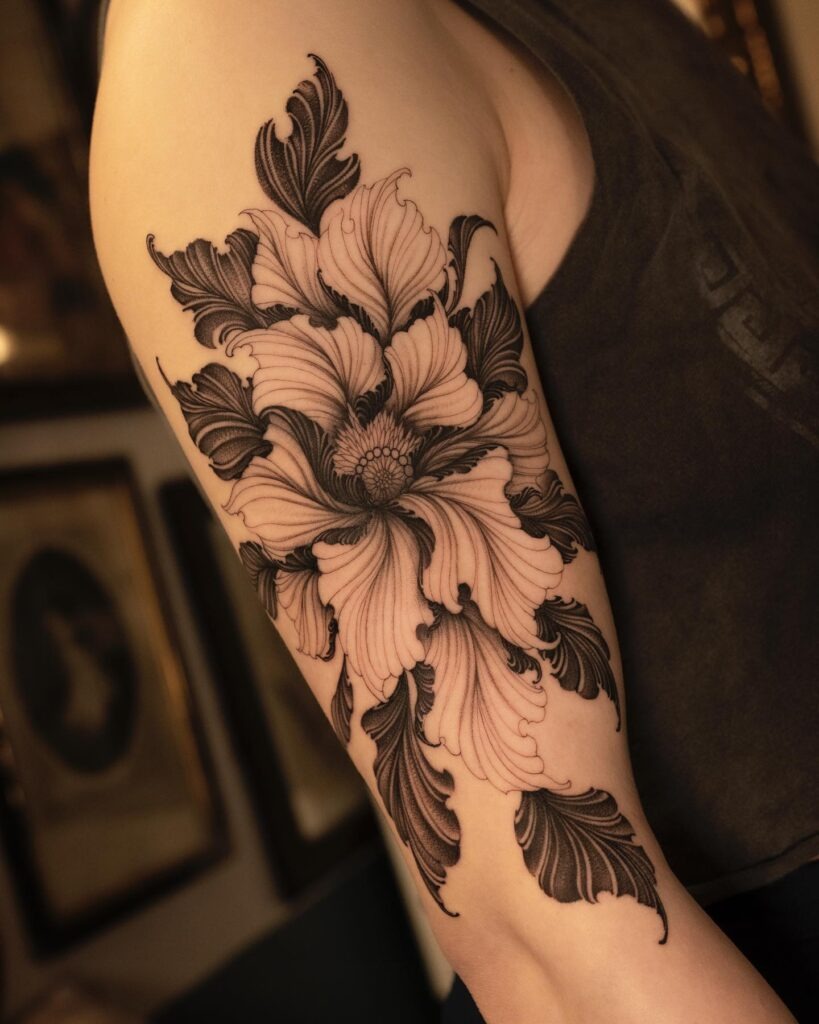 Graceful Peony Elegance in Black and Gray Tattoo Design