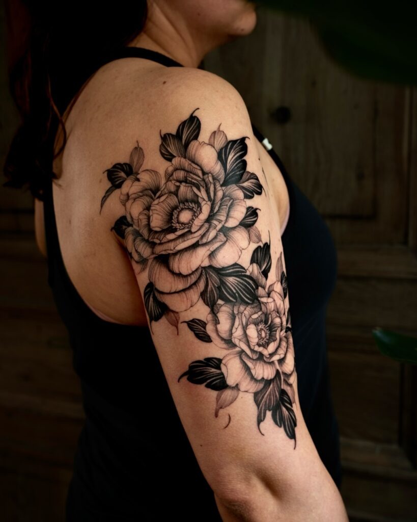 Intricate Peony Sleeve Tattoo with Flowing Leaves Tattoo Design