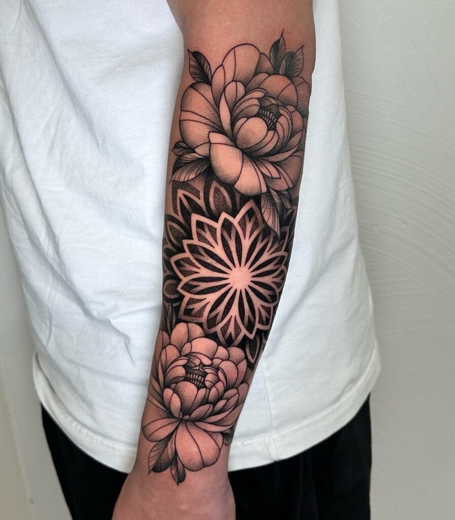 Peony Blackout Sleeve Tattoo Tattoo Design