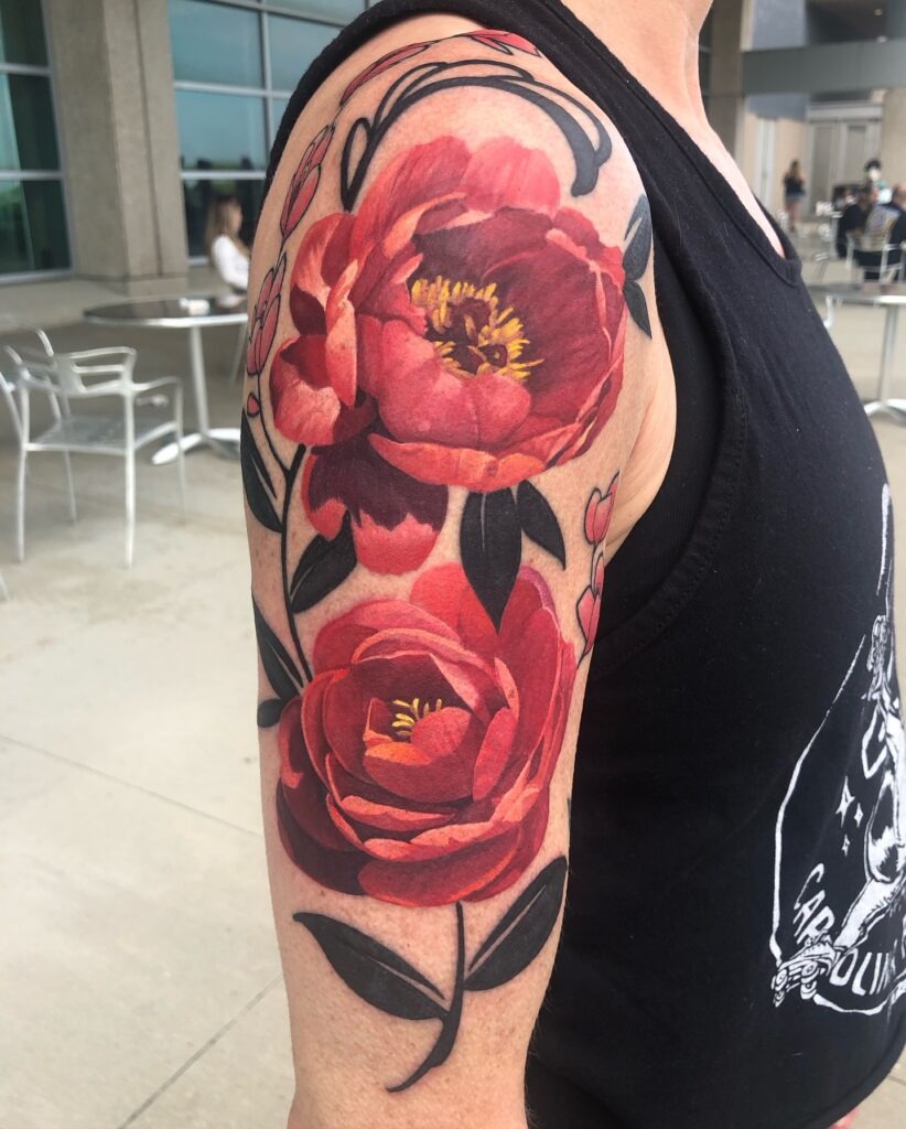 Peony Shoulder Flowers with Ornamental Blackwork Tattoo Design
