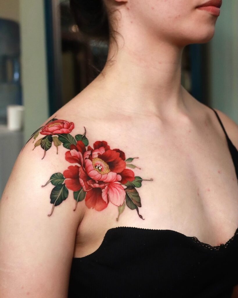 Vibrant Orange and White Peony Thigh Tattoo Tattoo Design