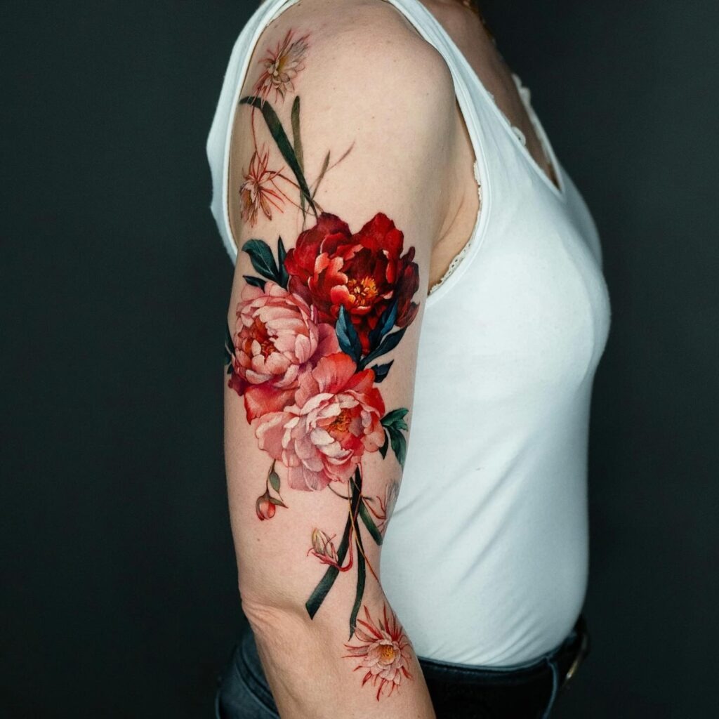 Vibrant Red Peony Tattoo with Dark Leaves Tattoo Design