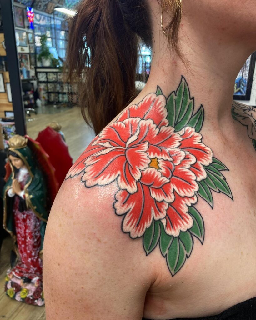Watercolor Peony Tattoo with Realistic Petals Tattoo Design