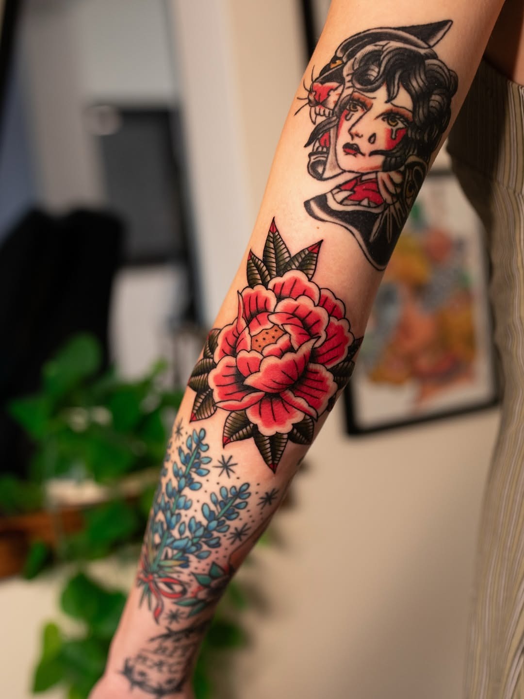 Bold peony and portrait tattoo design Tattoo Design