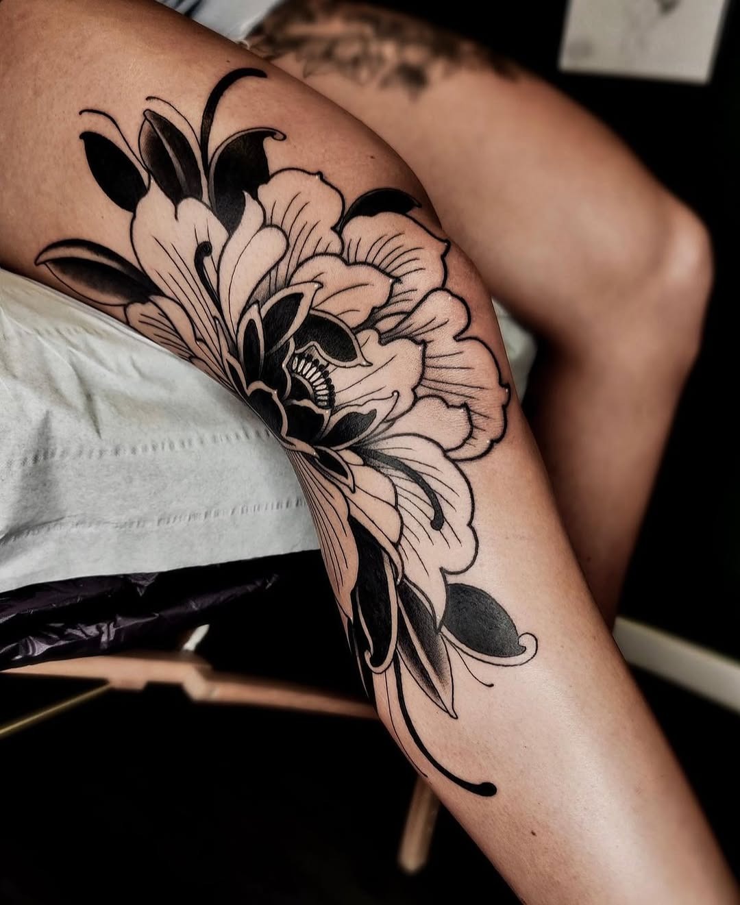 Bold Peony Tattoo Enhancing Leg Aesthetics Tattoo Design