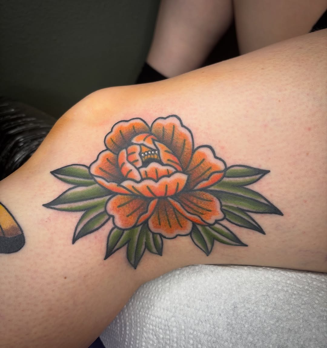 Stunning Orange Peony Tattoo with Bold Lines Tattoo Design