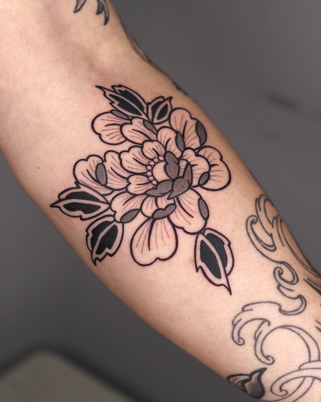 Stunning Peony Tattoo with Bold Lines Tattoo Design