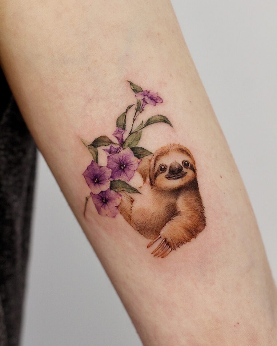 Charming Sloth Embracing Petunias Tattoo Tattoo Design